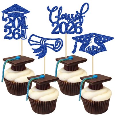 24Pcs 2026 Graduation Cupcake Toppers Glitter Congrats Grad Cap Cupcake Food Picks 2026 Graduation Cake Decorations for Class of 2026 Grad Party Supplies Blue