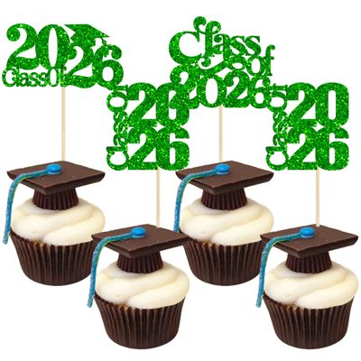 30 Pack Class of 2026 Cupcake Toppers Glitter Graduation Cap Cupcake Picks for 2026 High School Graduation Theme Party Cake Decorations Supplies Green
