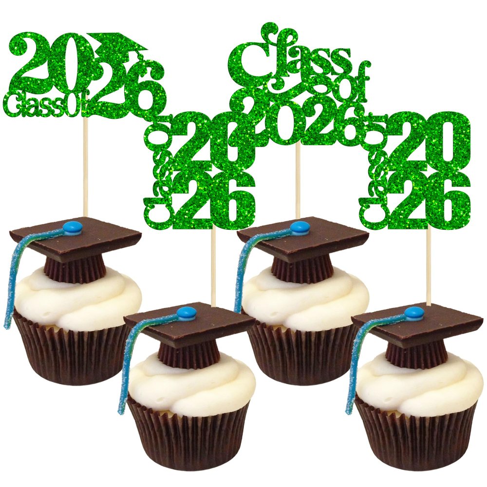 30 Pack Class of 2026 Cupcake Toppers Glitter Graduation Cap Cupcake Picks for 2026 High School Graduation Theme Party Cake Decorations Supplies Green