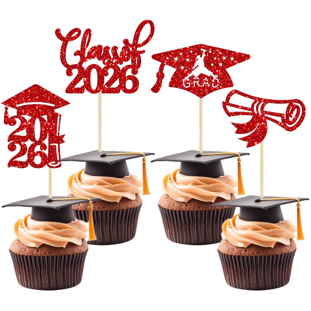 24Pcs 2026 Graduation Cupcake Toppers Red Glitter Class of 2026 Graduation Cap Diploma Cupcake Picks for Congrats Grad 2026 Grad Theme Party Cake Decorations Red