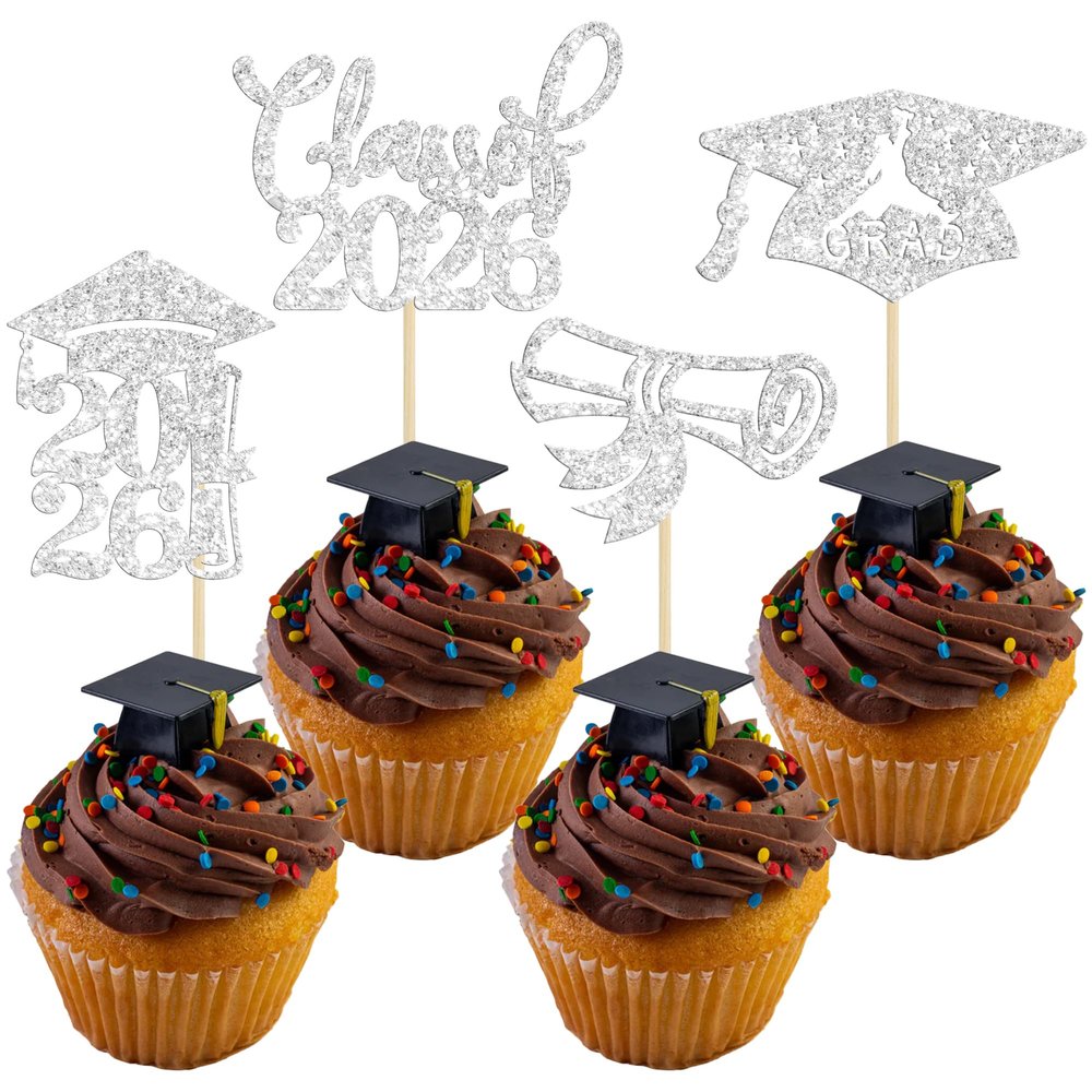 24Pcs Glitter Class of 2026 Graduation Cupcake Toppers 2026 Graduation Cap Diploma Congrats Grad Cupcake Picks Decorations for 2026 Grad Theme Party Cake Decorations Silver