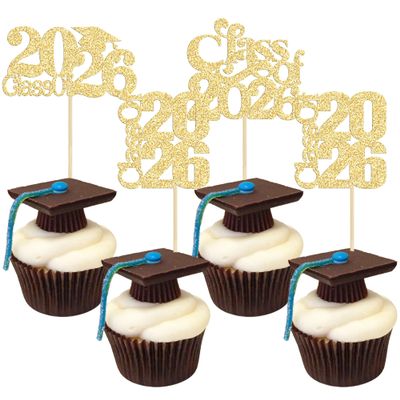 30 Pack Class of 2025 Cupcake Toppers Glitter Graduation Cap Cupcake Picks for 2025 High School Graduation Theme Party Cake Decorations Supplies Gold