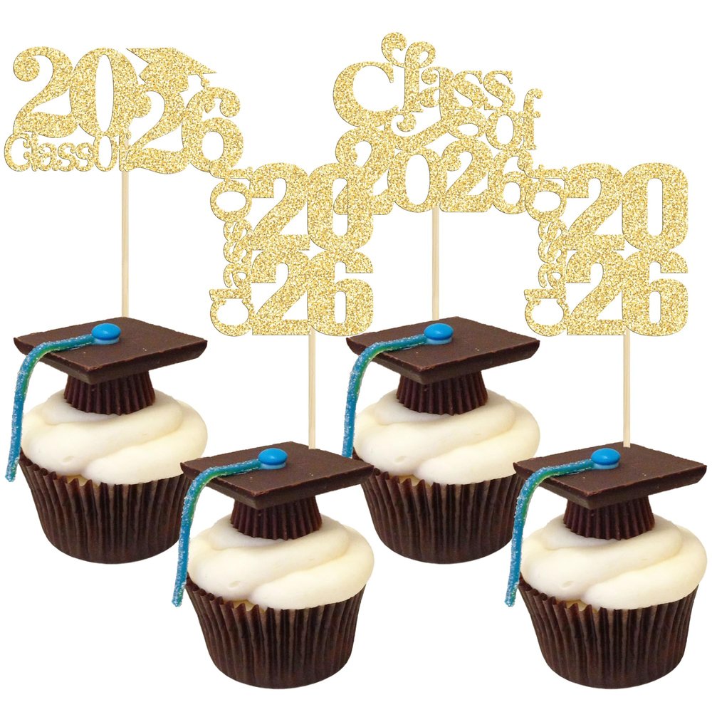 30 Pack Class of 2025 Cupcake Toppers Glitter Graduation Cap Cupcake Picks for 2025 High School Graduation Theme Party Cake Decorations Supplies Gold