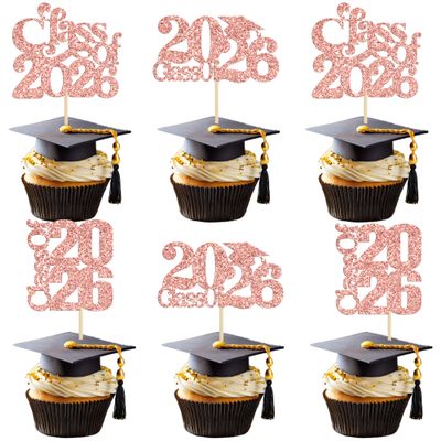 30 Pack 2026 Graduation Cap Cupcake Toppers Class of 2026 Cupcake Picks University Graduation Cake Decorations for 2026 Graduation Theme Party Supplies Rose Gold