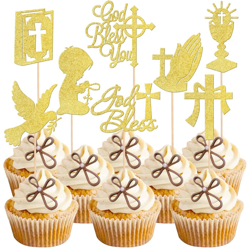 Rsstarxi 24pcs Cupcake Toppers, Gold Glitter Dove Cross Design 3 for Religious Baptism, First Communion, Baby Shower, Kids Birthday Party Cake Decorations