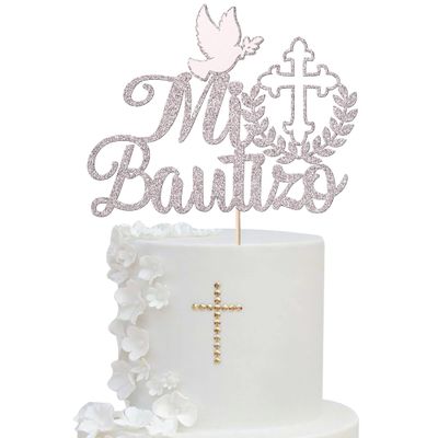1 Pack Spanish Mi Bautizo Cake Topper Glitter Cross First Holy Communion Baptism Cake Pick Religious God Bless Baptism Cake Decoration for Baby Shower Birthday Party Supplies Silver