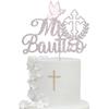 1 Pack Spanish Mi Bautizo Cake Topper Glitter Cross First Holy Communion Baptism Cake Pick Religious God Bless Baptism Cake Decoration for Baby Shower Birthday Party Supplies Silver view 1