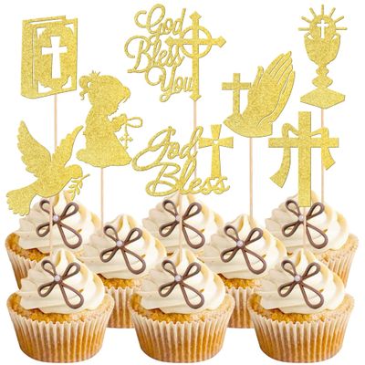 Rsstarxi 24 Pack God Bless and Cross Cupcake Toppers Dove Girl Baptism Cupcake Picks First Communion Cake Decorations for Religious God Bless Baptism Baby Shower Kids Birthday Party Supplies Gold