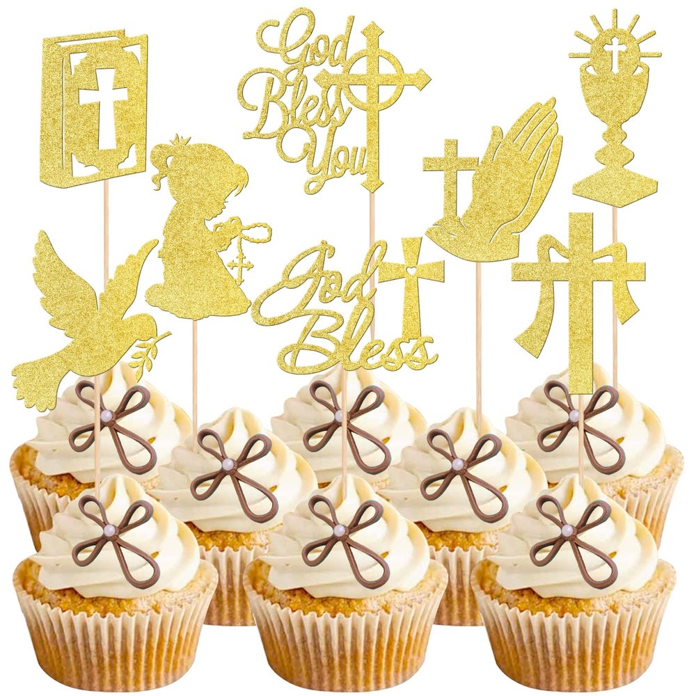 Rsstarxi 24 Pack God Bless and Cross Cupcake Toppers Dove Girl Baptism Cupcake Picks First Communion Cake Decorations for Religious God Bless Baptism Baby Shower Kids Birthday Party Supplies Gold