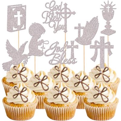 Rsstarxi 24 Pack God Bless and Cross Cupcake Toppers Glitter Religious Cross God Bless Cupcake Picks for Church Boy Baptism First Communion Baby Shower Birthday Party Cake Decorations Supplies Silver