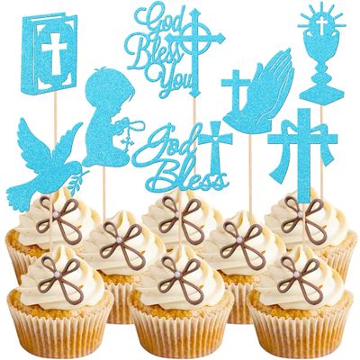 Rsstarxi 24 Pack God Bless and Cross Cupcake Toppers Dove Boy Baptism Cupcake Picks First Communion Cake Decorations for Religious God Bless Baptism Theme Baby Shower Kids Birthday Party Supplies Blue