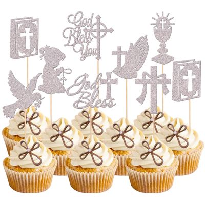 Rsstarxi 24 Pack God Bless and Cross Cupcake Toppers Dove Religious Cross God Bless Cupcake Picks First Communion Cake Decorations for Church Girl Baptism Baby Shower Birthday Party Supplies Silver