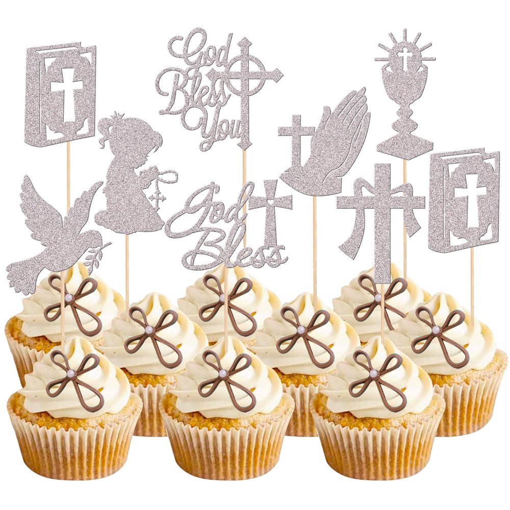Rsstarxi 24 Pack God Bless and Cross Cupcake Toppers Dove Religious Cross God Bless Cupcake Picks First Communion Cake Decorations for Church Girl Baptism Baby Shower Birthday Party Supplies Silver