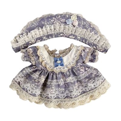 niannyyhouse 20cm Plush Doll Clothes Vintage Floral Lace Dress Headwear 8in Doll Accessories Dress Up (Gray-Blue)