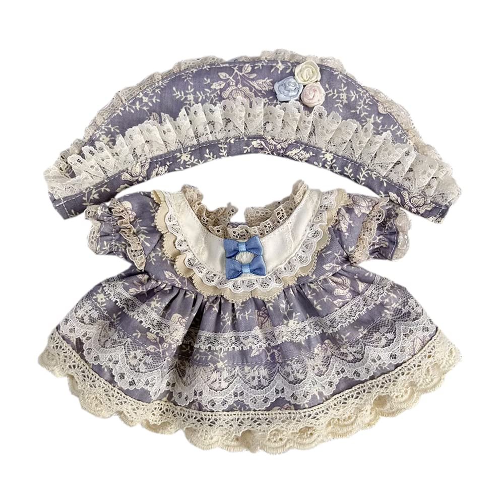 niannyyhouse 20cm Plush Doll Clothes Vintage Floral Lace Dress Headwear 8in Doll Accessories Dress Up (Gray-Blue)
