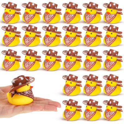 24 Sets Cowboy Rubber Duck with Cute Cow Print Hat and Scarf Mini Rubber Duckies Farm Theme Party Supplies Bathtub Toys Western Theme Party Decoration(Cute Style)