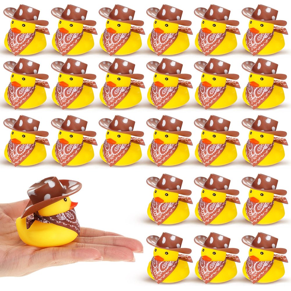24 Sets Cowboy Rubber Duck with Cute Cow Print Hat and Scarf Mini Rubber Duckies Farm Theme Party Supplies Bathtub Toys Western Theme Party Decoration(Cute Style)
