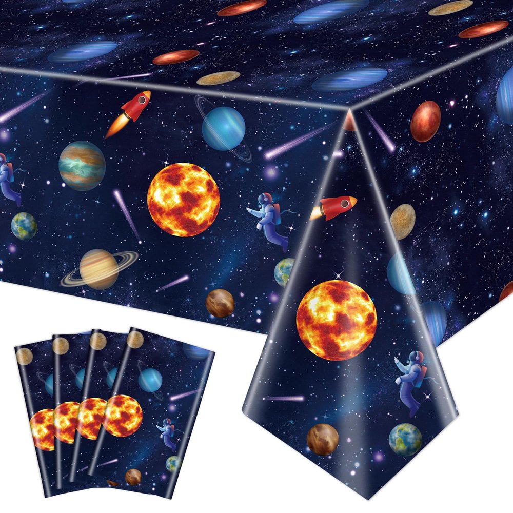 4 Pack Outer Space Tablecloths - Solar System Table Covers, 51x87'' Plastic Disposable Rectangle Planet Table Cover for Kids Space Theme Birthday Party Decorations, Galaxy Theme Party Supplies