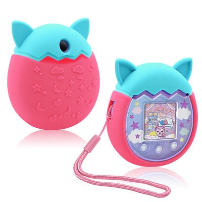 Winceed Silicone Case for Tamagotchi Pix Virtual Pet Game Machine, Protective Cover for Tamagotchi Pix Sleeve Protector Skin with Hand Strap (Turquoise+Pink)