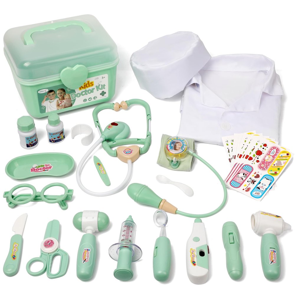 Liberry Doctor Kit for Toddlers 3 4 5 Years Old, 30-Piece Kid Doctor Toy with Stethoscope, Costume, Green Medical Pretend Play, Birthday Gift for Girls Boys