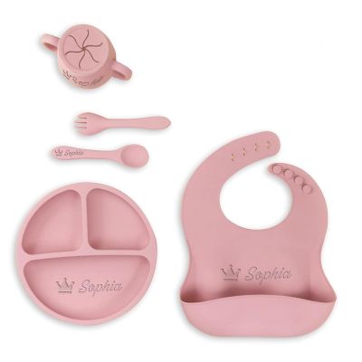 Personalized Silicone Baby Feeding Set Custom Snack Cup with Lid Baby Weaning Supplies Adjustable Silicone Bibs Baby Birthday Gift Divided Tableware Set Soft Spoon and Fork Led Weaning Supplies