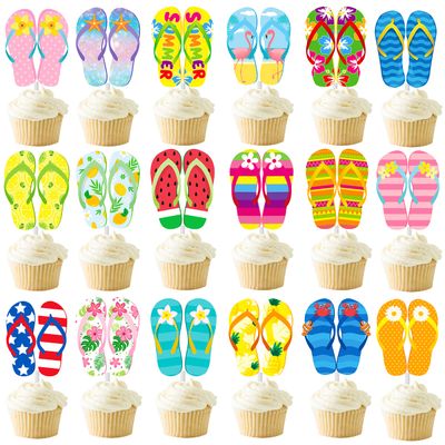 36pcs Beach Flip Flops Cupcake Toppers Summer Beach Party Cupcake Toppers Decorations Pool Decorations Supplies for Summer Birthday Tropical Luau Hawaiian Party Supplies
