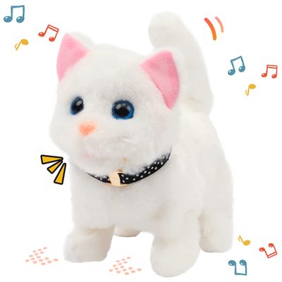 Easfan Walking Kitty Plush Toy Electric Interactive Cat Stuffed Animal Meowing Tail Wagging Head Nodding Cat Pet Toy Animated Kitten Birthday for Kids Toddlers,7.5 (White)