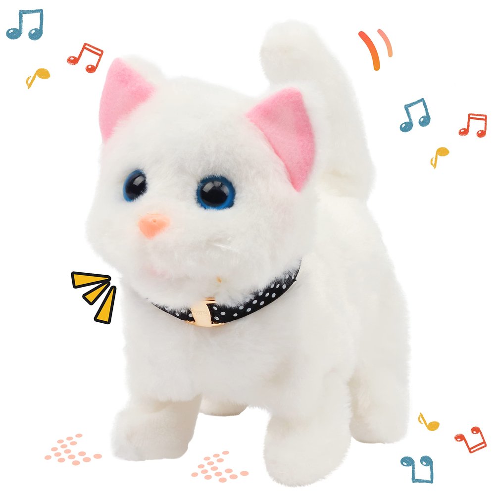 Easfan Walking Kitty Plush Toy Electric Interactive Cat Stuffed Animal Meowing Tail Wagging Head Nodding Cat Pet Toy Animated Kitten Birthday for Kids Toddlers,7.5 (White)