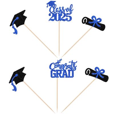 12 PCS 2025 Graduation Centerpiece Sticks Assembled Congrats Grad Class of 2025 Cake Toppers Diploma Graduation Cap Table Flower Centerpiece Sticks for 2025 Graduation Theme Party Supplies Blue