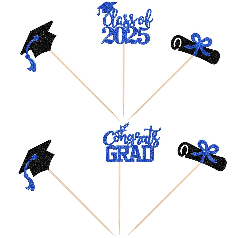 12 PCS 2025 Graduation Centerpiece Sticks Assembled Congrats Grad Class of 2025 Cake Toppers Diploma Graduation Cap Table Flower Centerpiece Sticks for 2025 Graduation Theme Party Supplies Blue