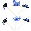 12 PCS 2025 Graduation Centerpiece Sticks Assembled Congrats Grad Class of 2025 Cake Toppers Diploma Graduation Cap Table Flower Centerpiece Sticks for 2025 Graduation Theme Party Supplies Blue view 1