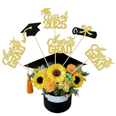 12 PCS 2025 Graduation Centerpiece Sticks Assembled Class of 2025 Cake Toppers Congrats Grad Diploma Graduation Cap Table Flower Centerpiece Sticks for 2025 Graduation Theme Party Supplies Gold