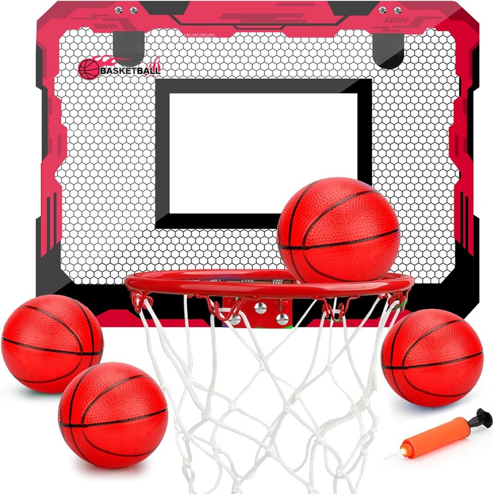 Indoor Over Door Mini Basketball Hoop Set for Kids Adults, Upgrade Wall Mount Basketball Hoop for Wall with Large Dunk Rim, Room Basketball Hoops Game with 4 Small 6" Balls Gift for Boys Girls Teens