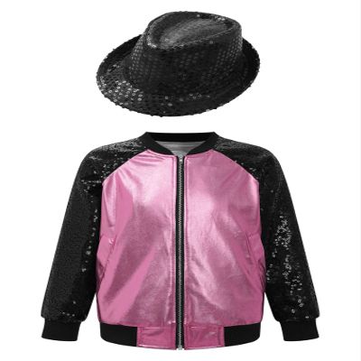 Linjinx Kids Girls Boys Sequin Metallic Bomber Moto Jacket Coat Hip Hop Jazz Modern Dance Top with Hat Disco Party Costume Pink&Black 12 Years