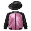 Linjinx Kids Girls Boys Sequin Metallic Bomber Moto Jacket Coat Hip Hop Jazz Modern Dance Top with Hat Disco Party Costume Pink&Black 12 Years view 1