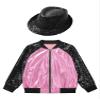 Linjinx Kids Girls Boys Sequin Metallic Bomber Moto Jacket Coat Hip Hop Jazz Modern Dance Top with Hat Disco Party Costume Pink&Black 12 Years view 3