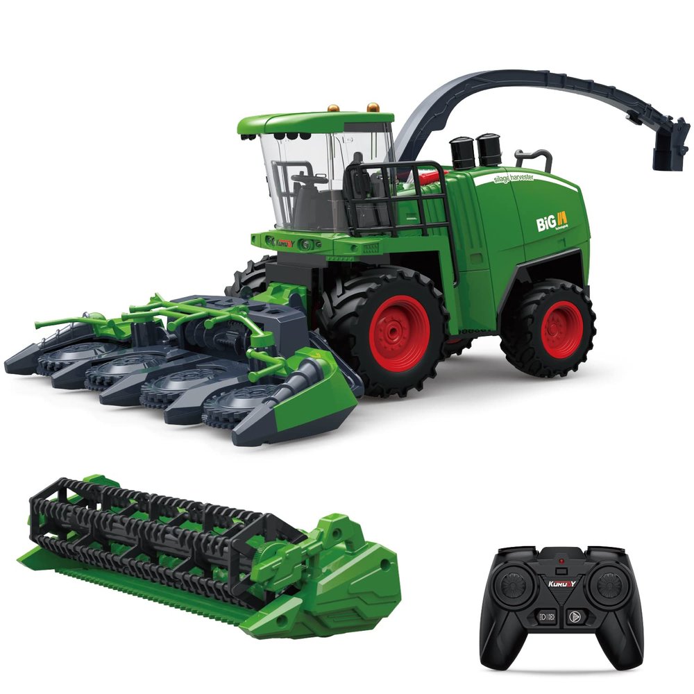 fisca Remote Control Harvester Tractor with 2 Grian Combine Heads, RC Farm Tractor Truck 2.4Ghz Farm Vehicle Toy with Light and Spray for Kids