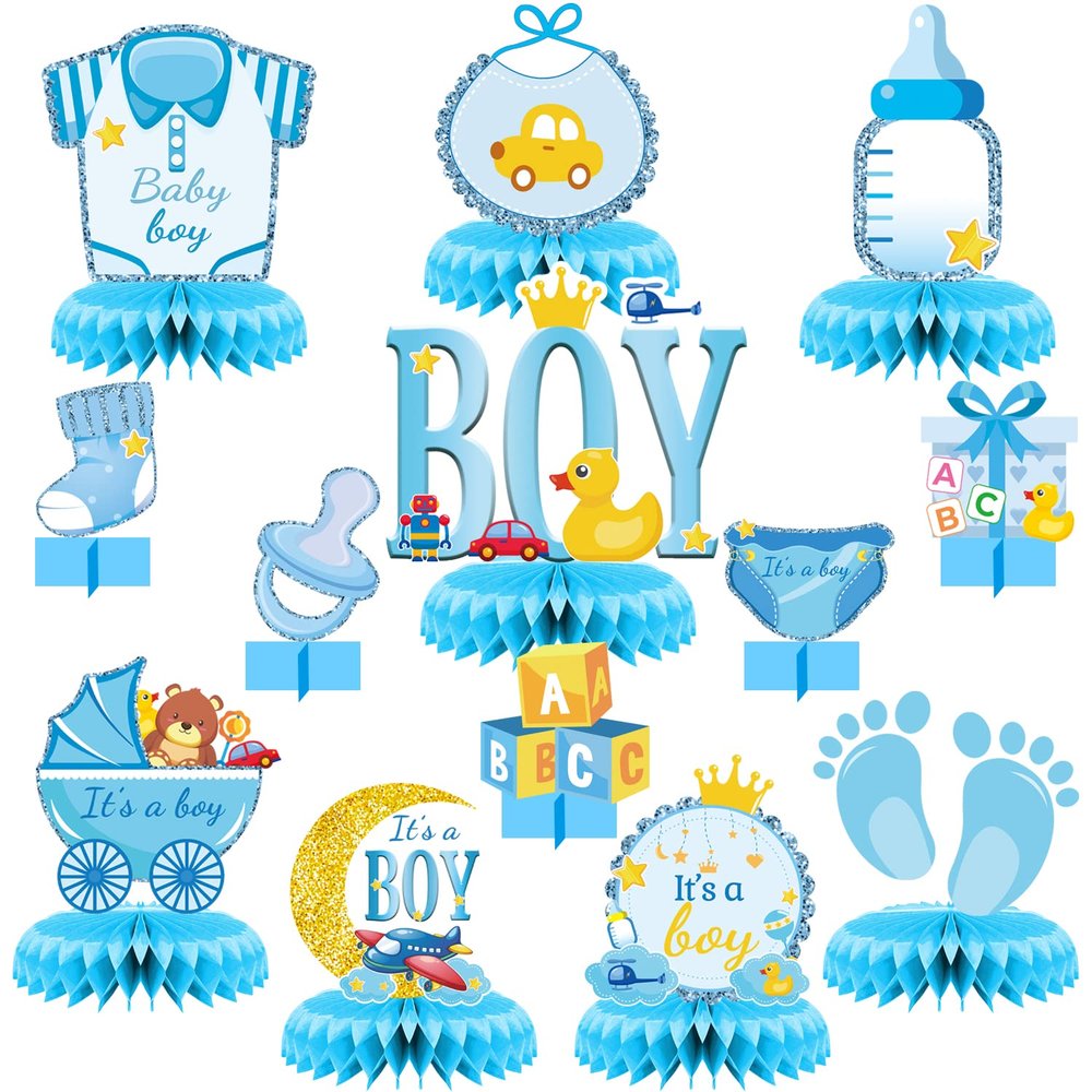 13 Pcs Centerpieces for Tables boy Honeycomb Centerpieces Baby Shower DecorationsIt's a boy party suppliesGender Reveal Baby Shower Centerpiece for Baby boys Party Tables Decorations