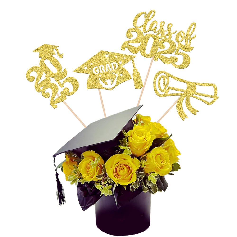 12 PCS Class of 2025 Grad Centerpiece Sticks Decorations Congrats Grad 2025 Cake Toppers Diploma Graduation Cap 2025 Table Flower Centerpiece Sticks for 2025 Graduation Theme Party Supplies Gold