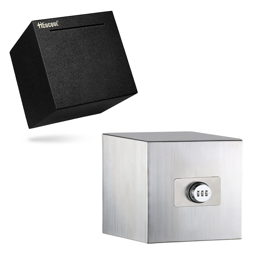 2 Pcs hicocool Piggy Bank, 4.72 inch black unopenable Piggy Bank+ 5.9 inch Silver Password Piggy Bank