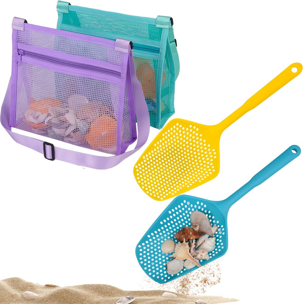 MUYIZI Beach Mesh Shovel with Mesh Shell Bags Kids Filter Sand Scooper for Picking Up Shells Shark Tooth Sifter Dipper Beach Toys Accessories