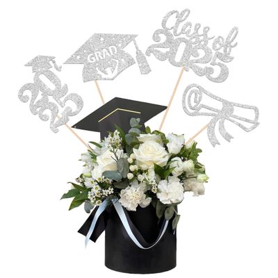 12 PCS Class of 2025 Grad Centerpiece Sticks 2025 Congrats Grad Cake Toppers Graduation Cap 2025 Table Flower Centerpiece Sticks for 2025 Graduation Theme Party Decorations Supplies Silver