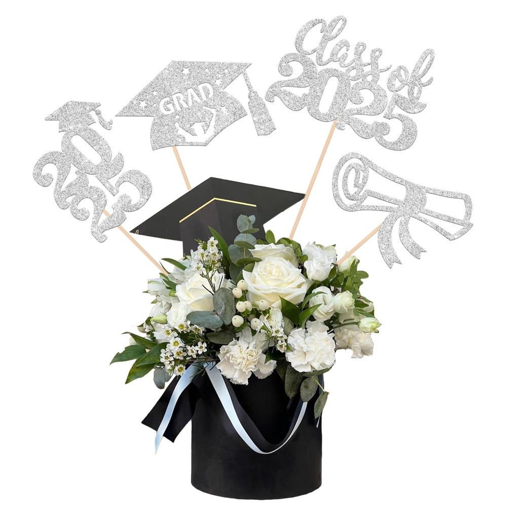 12 PCS Class of 2025 Grad Centerpiece Sticks 2025 Congrats Grad Cake Toppers Graduation Cap 2025 Table Flower Centerpiece Sticks for 2025 Graduation Theme Party Decorations Supplies Silver