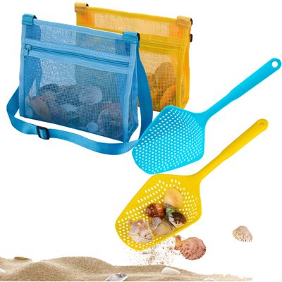 MUYIZI Beach Mesh Shovel with Beach Mesh Bag Beach Shell Bags for Holding Beach Shell, Toys Kids Filter Sand Scooper for Picking Up Shells Shark Tooth Sifter Dipper Beach Toys Accessories