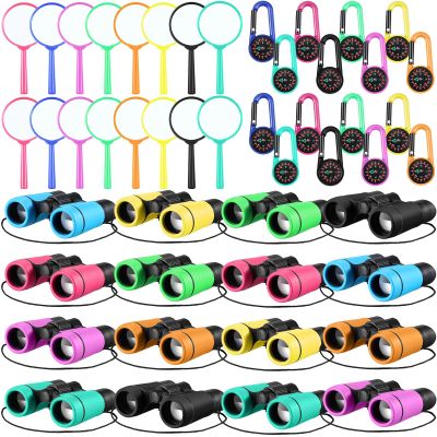 Hiboom 8 Set Kids Binoculars Bulk Shockproof Folding Children Mini Compact Binoculars Compass Magnifying Glass for 3-12 Years Boys Girls Kids Bird Watching Camping Outdoor Play