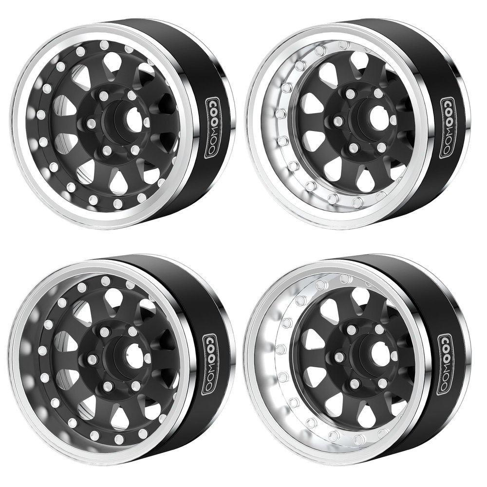 COOWOO RC Wheels Upgrade Parts, 1.9 in Beadlock Wheels Adjustable Offset for 1/10 TRX6 TRX4 or SCX10 RC Trucks, Made of Aluminum Alloy, Teardrop-Shaped, Set of 4, Black