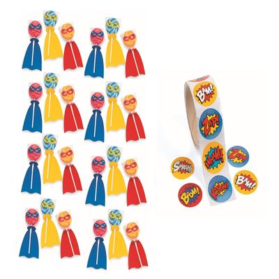 Fun Express Superhero Party Favor Bundle, 24 Superhero Lollipops, 100 Superhero Stickers, Enough for a Set of 24 Party Favors & Birthday Party Pack forTreat Bags
