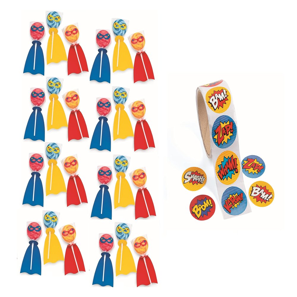 Fun Express Superhero Party Favor Bundle, 24 Superhero Lollipops, 100 Superhero Stickers, Enough for a Set of 24 Party Favors & Birthday Party Pack forTreat Bags