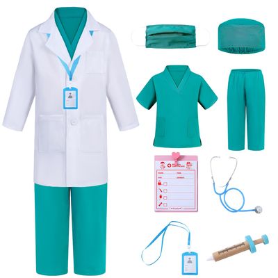 Aoiviss Doctor Costume for Kids Scrubs Pretend Play Kit with Doctor Lab Coat and Stethoscope Halloween Dress up for Boys Girls, Green