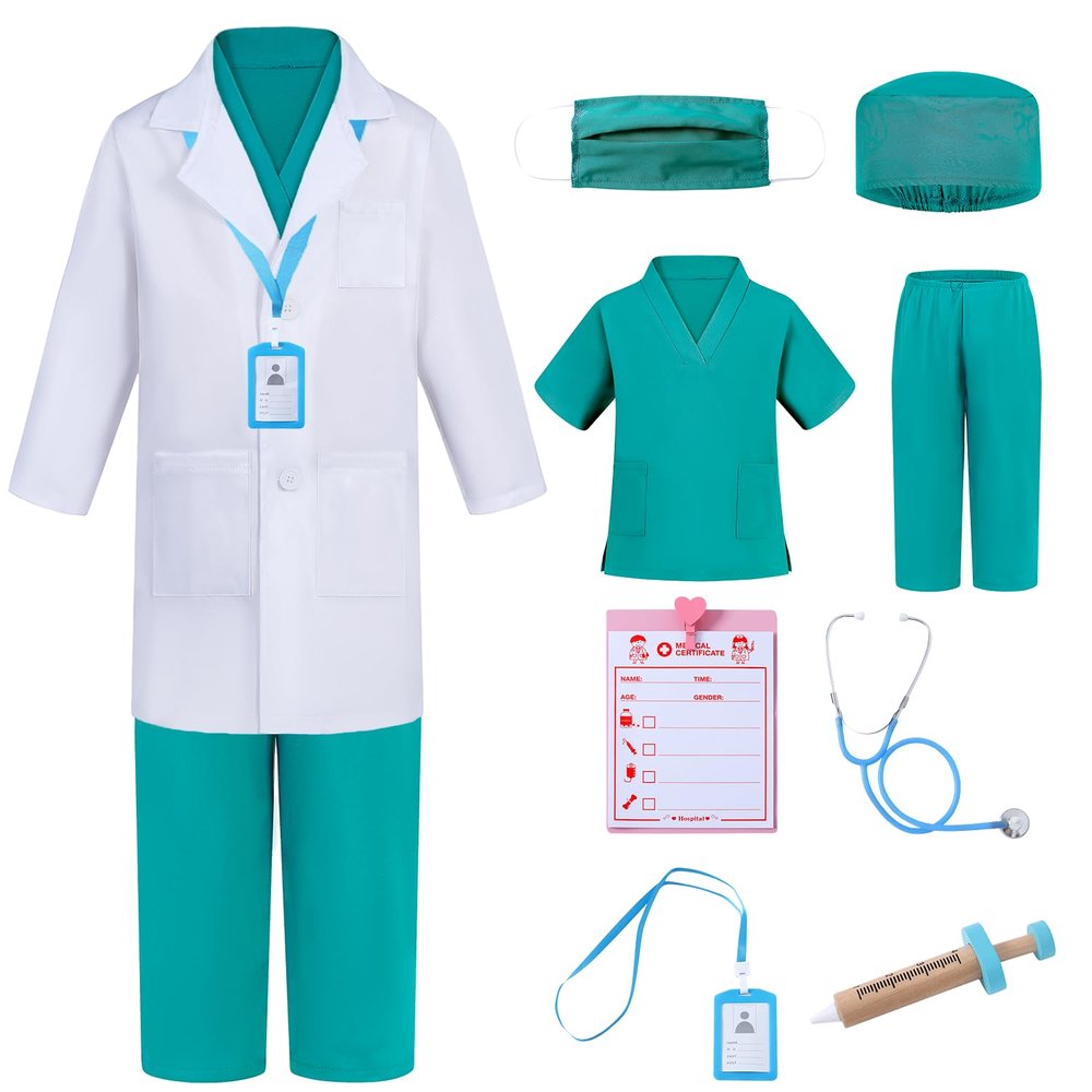 Aoiviss Doctor Costume for Kids Scrubs Pretend Play Kit with Doctor Lab Coat and Stethoscope Halloween Dress up for Boys Girls, Green
